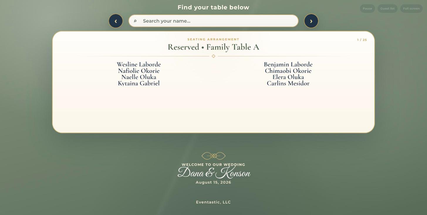 Dana and Konson find-your-table seating chart preview