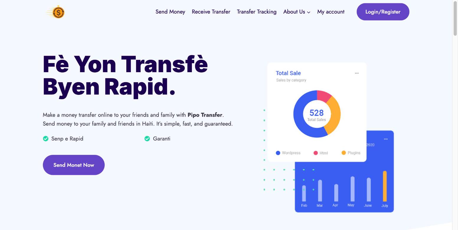 PipoTransfer money transfer website preview